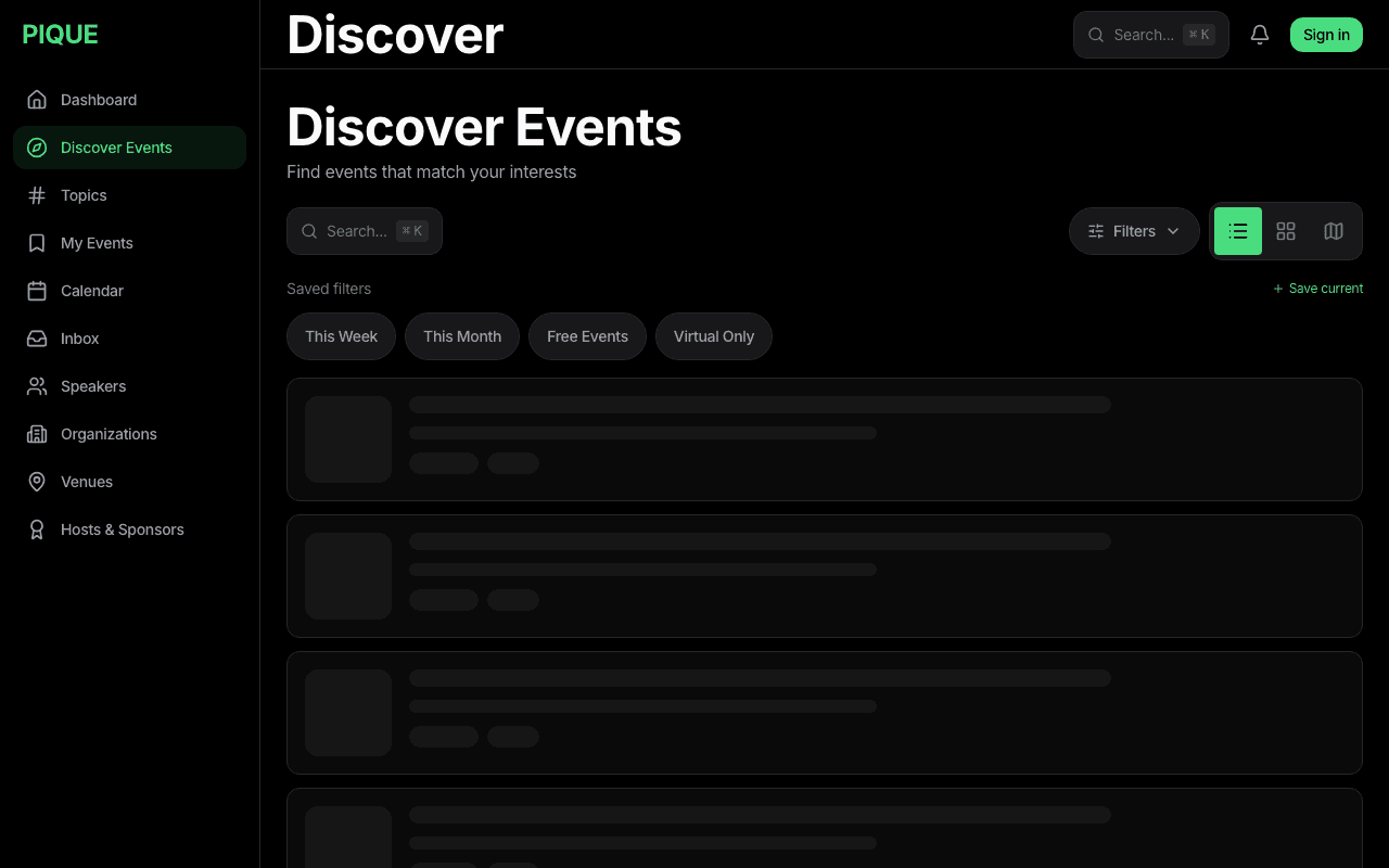 PIQUE event discovery app showing personalized event recommendations